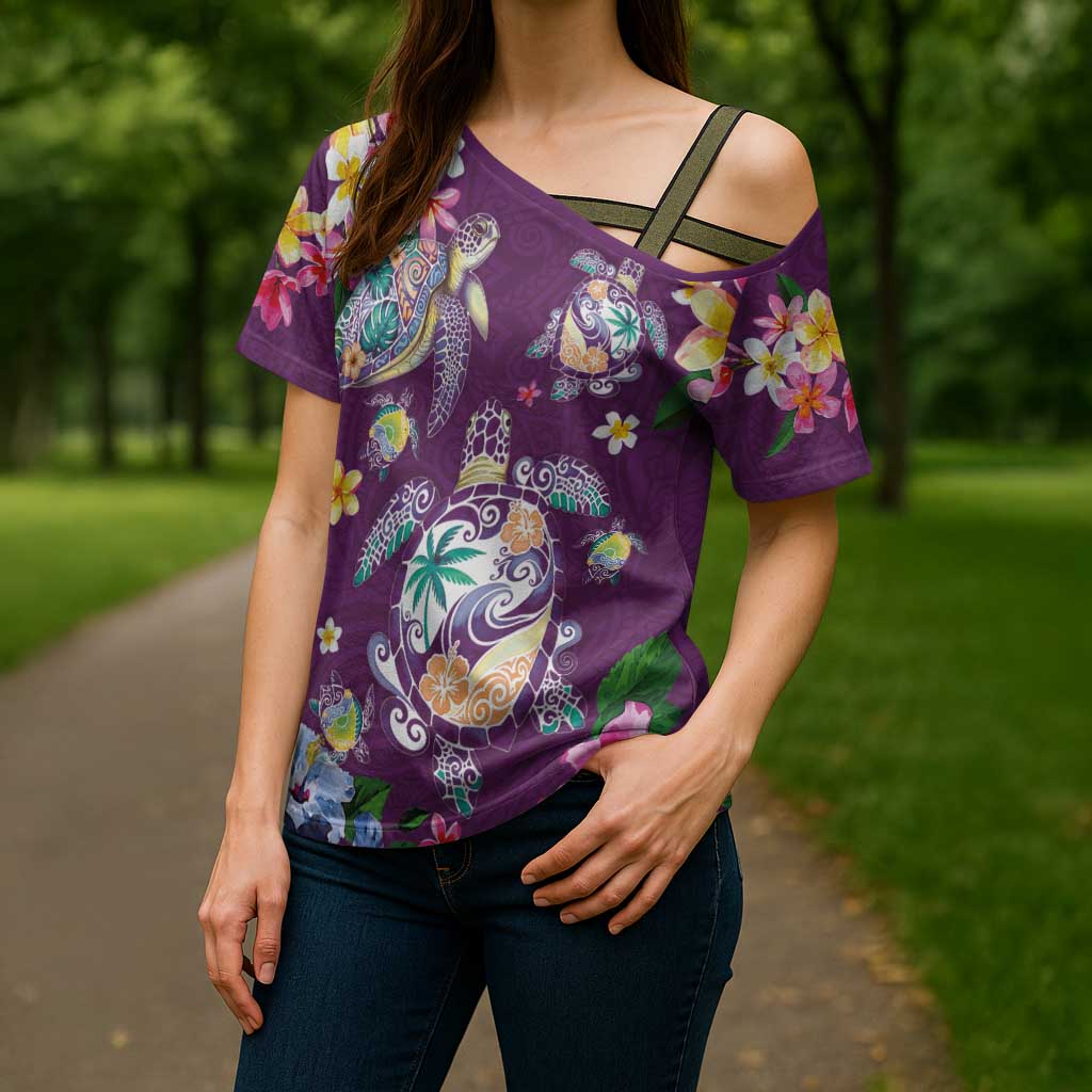 Hawaiian Turtles and Tropical Plants Cross Shoulder Shirt Purple Watercolor