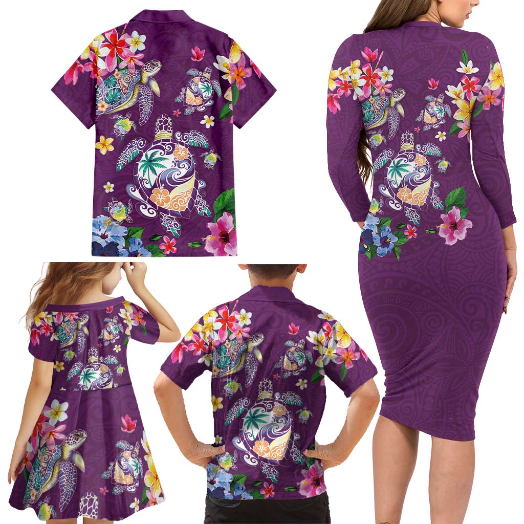 Hawaiian Turtles and Tropical Plants Family Matching Long Sleeve Bodycon Dress and Hawaiian Shirt Purple Watercolor LT03 - Polynesian Pride