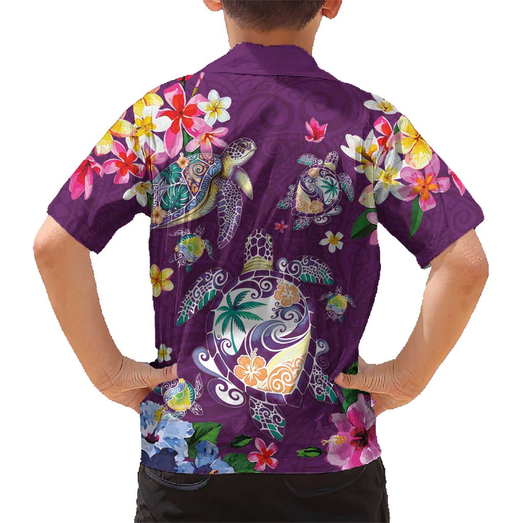 Hawaiian Turtles and Tropical Plants Family Matching Off The Shoulder Long Sleeve Dress and Hawaiian Shirt Purple Watercolor LT03 - Polynesian Pride