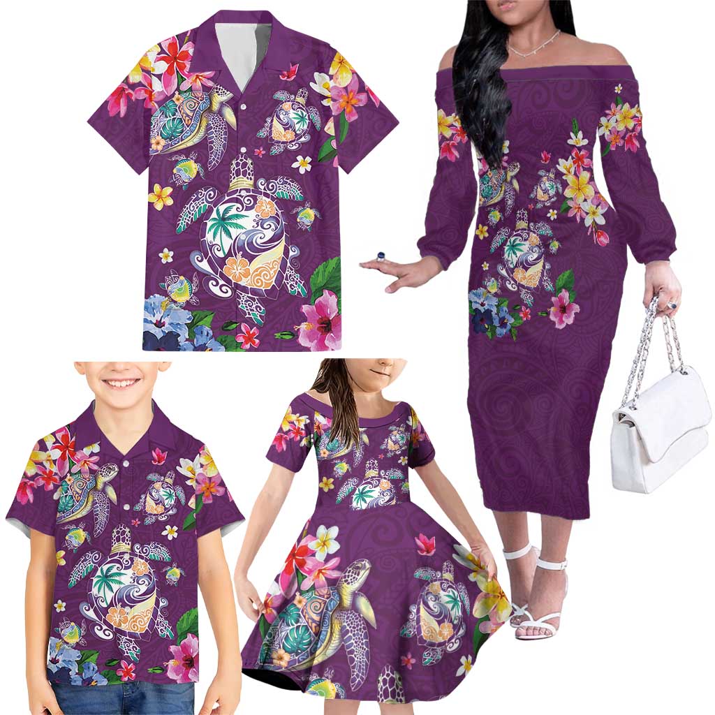 Hawaiian Turtles and Tropical Plants Family Matching Off The Shoulder Long Sleeve Dress and Hawaiian Shirt Purple Watercolor LT03 - Polynesian Pride