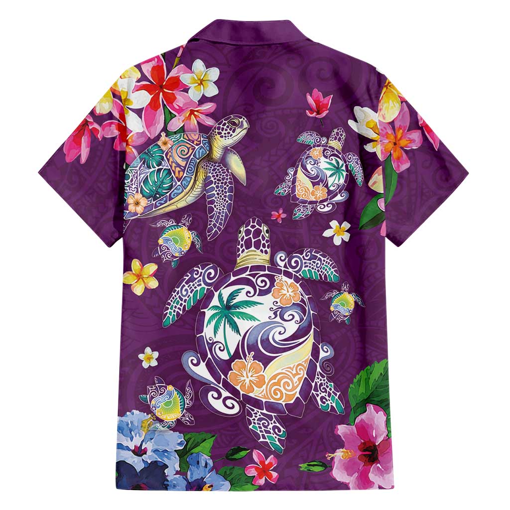 Hawaiian Turtles and Tropical Plants Family Matching Off The Shoulder Long Sleeve Dress and Hawaiian Shirt Purple Watercolor LT03 - Polynesian Pride