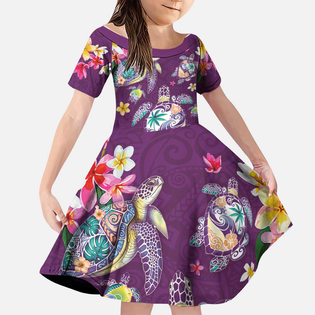 Hawaiian Turtles and Tropical Plants Family Matching Off Shoulder Maxi Dress and Hawaiian Shirt Purple Watercolor LT03 Daughter's Dress Purple - Polynesian Pride