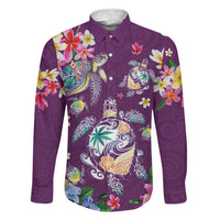 Hawaiian Turtles and Tropical Plants Family Matching Off Shoulder Maxi Dress and Hawaiian Shirt Purple Watercolor LT03 Dad's Shirt - Long Sleeve Purple - Polynesian Pride