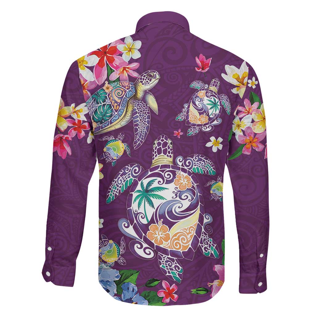 Hawaiian Turtles and Tropical Plants Family Matching Off Shoulder Maxi Dress and Hawaiian Shirt Purple Watercolor LT03 - Polynesian Pride