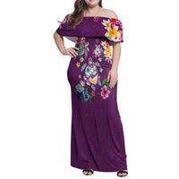 Hawaiian Turtles and Tropical Plants Family Matching Off Shoulder Maxi Dress and Hawaiian Shirt Purple Watercolor LT03 Mom's Dress Purple - Polynesian Pride