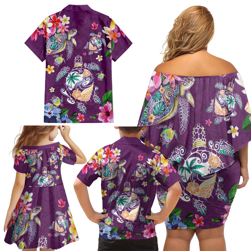 Hawaiian Turtles and Tropical Plants Family Matching Off Shoulder Short Dress and Hawaiian Shirt Purple Watercolor LT03 - Polynesian Pride