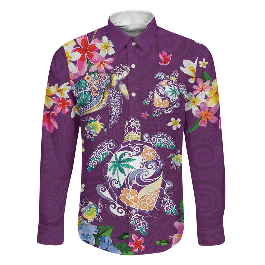 Hawaiian Turtles and Tropical Plants Family Matching Off Shoulder Short Dress and Hawaiian Shirt Purple Watercolor LT03 Dad's Shirt - Long Sleeve Purple - Polynesian Pride