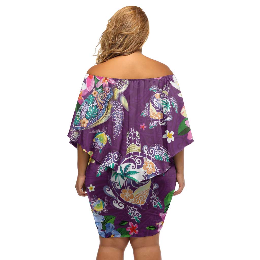 Hawaiian Turtles and Tropical Plants Family Matching Off Shoulder Short Dress and Hawaiian Shirt Purple Watercolor LT03 - Polynesian Pride