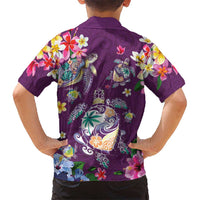 Hawaiian Turtles and Tropical Plants Family Matching Puletasi and Hawaiian Shirt Purple Watercolor LT03 - Polynesian Pride