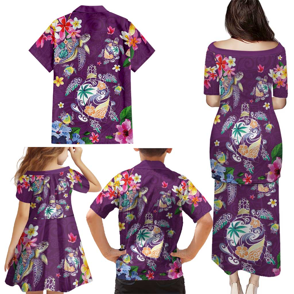 Hawaiian Turtles and Tropical Plants Family Matching Puletasi and Hawaiian Shirt Purple Watercolor LT03 - Polynesian Pride