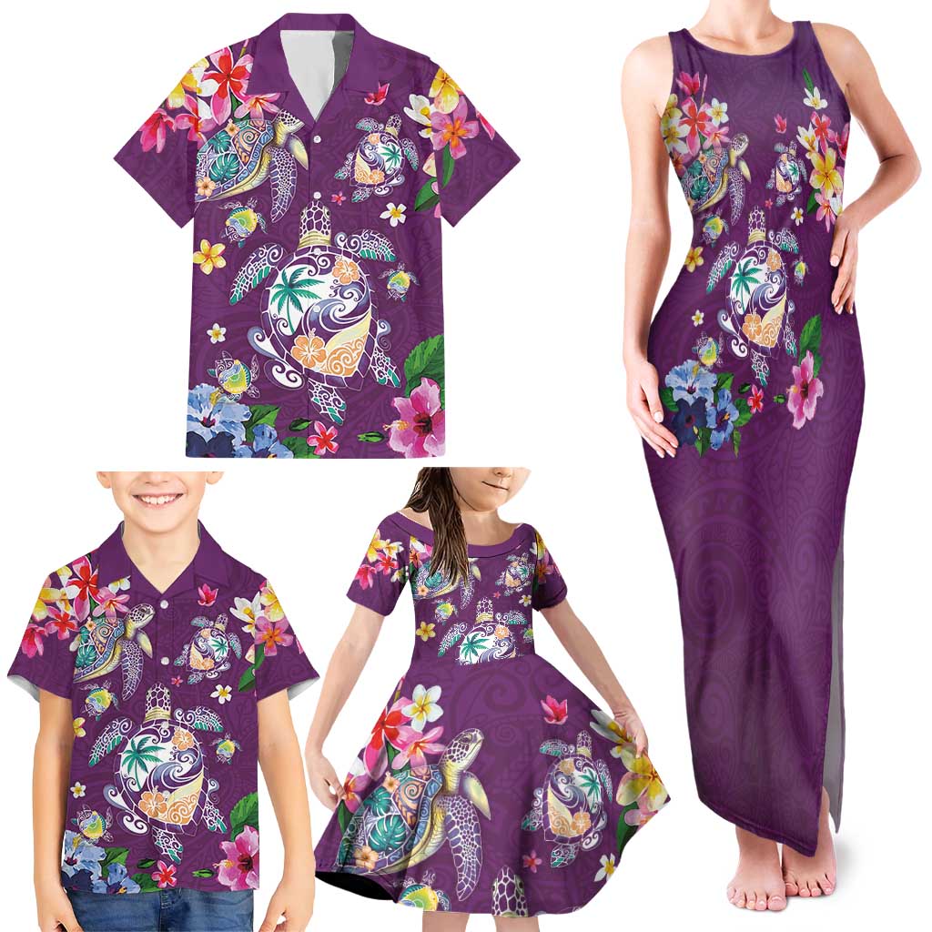 Hawaiian Turtles and Tropical Plants Family Matching Tank Maxi Dress and Hawaiian Shirt Purple Watercolor LT03 - Polynesian Pride