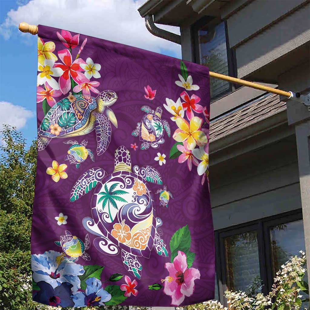 Hawaiian Turtles and Tropical Plants Garden Flag Purple Watercolor