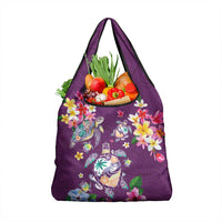 Hawaiian Turtles and Tropical Plants Grocery Bag Purple Watercolor