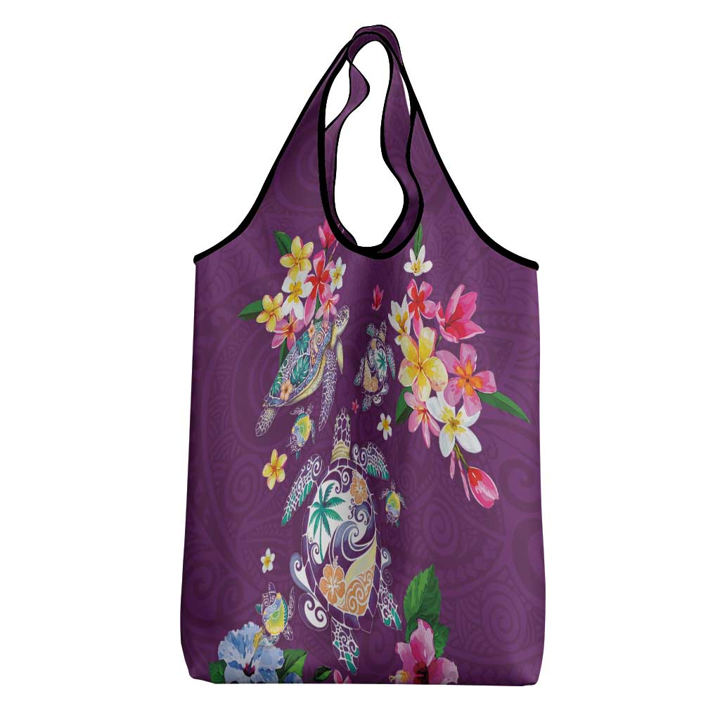 Hawaiian Turtles and Tropical Plants Grocery Bag Purple Watercolor