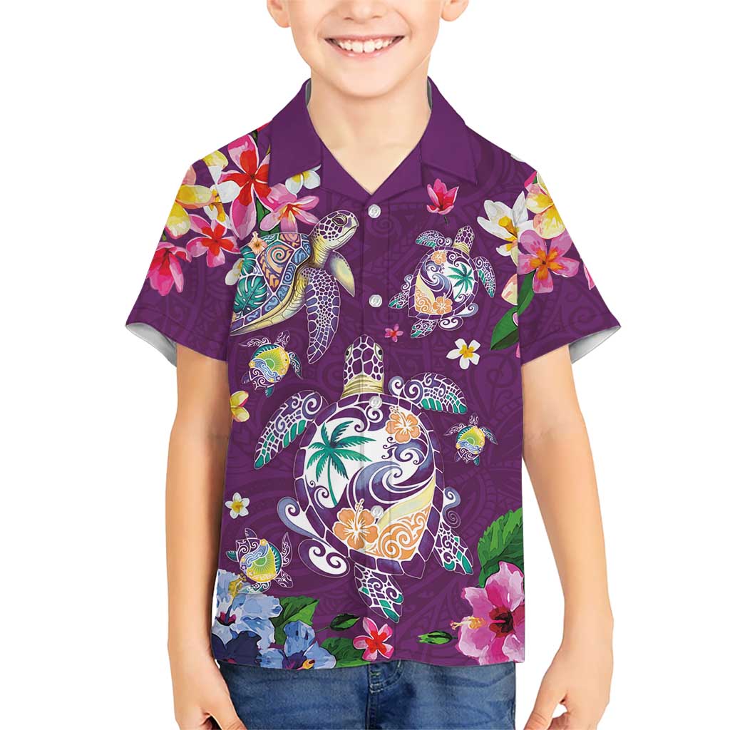 Hawaiian Turtles and Tropical Plants Kid Hawaiian Shirt Purple Watercolor