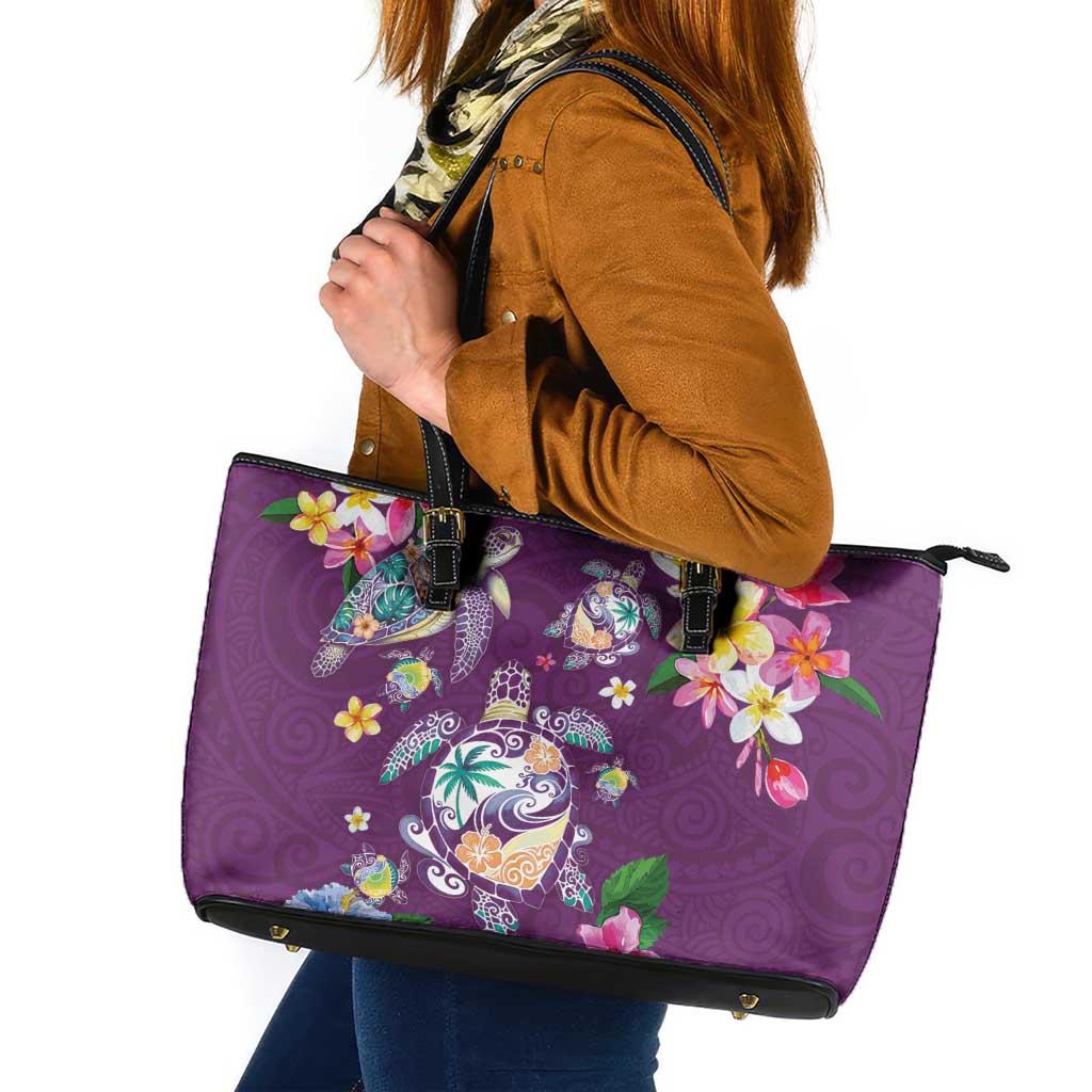 Hawaiian Turtles and Tropical Plants Leather Tote Bag Purple Watercolor LT03 Purple - Polynesian Pride
