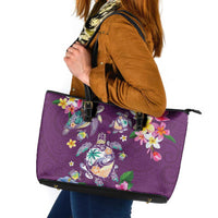 Hawaiian Turtles and Tropical Plants Leather Tote Bag Purple Watercolor LT03 Purple - Polynesian Pride