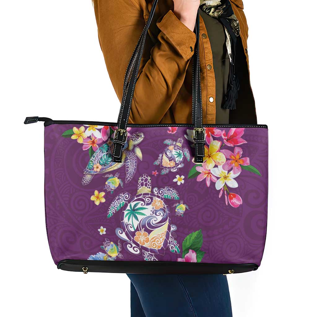 Hawaiian Turtles and Tropical Plants Leather Tote Bag Purple Watercolor LT03 - Polynesian Pride