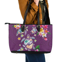 Hawaiian Turtles and Tropical Plants Leather Tote Bag Purple Watercolor LT03 - Polynesian Pride