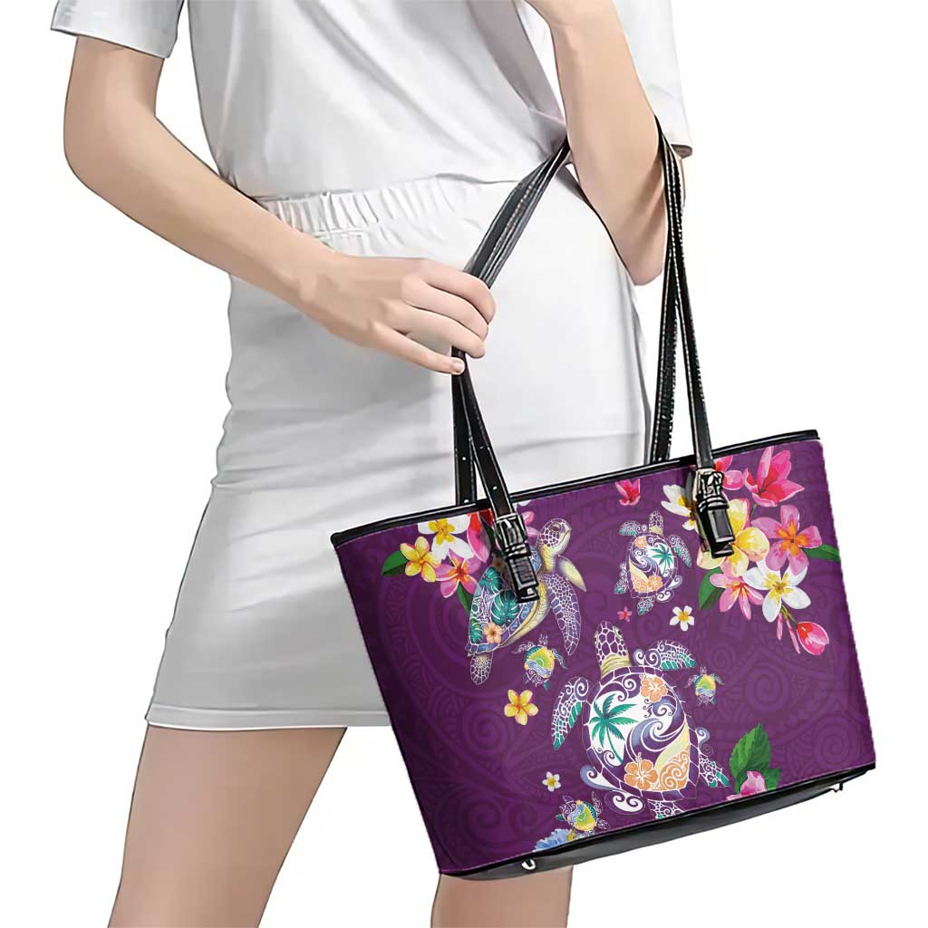 Hawaiian Turtles and Tropical Plants Leather Tote Bag Purple Watercolor LT03 - Polynesian Pride