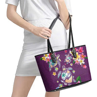 Hawaiian Turtles and Tropical Plants Leather Tote Bag Purple Watercolor LT03 - Polynesian Pride