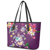 Hawaiian Turtles and Tropical Plants Leather Tote Bag Purple Watercolor LT03 - Polynesian Pride