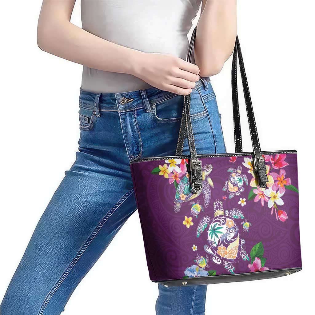 Hawaiian Turtles and Tropical Plants Leather Tote Bag Purple Watercolor LT03 - Polynesian Pride