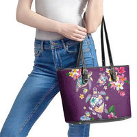 Hawaiian Turtles and Tropical Plants Leather Tote Bag Purple Watercolor LT03 - Polynesian Pride