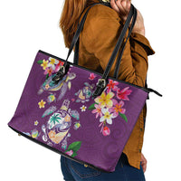 Hawaiian Turtles and Tropical Plants Leather Tote Bag Purple Watercolor LT03 - Polynesian Pride