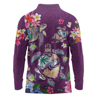 Hawaiian Turtles and Tropical Plants Long Sleeve Polo Shirt Purple Watercolor