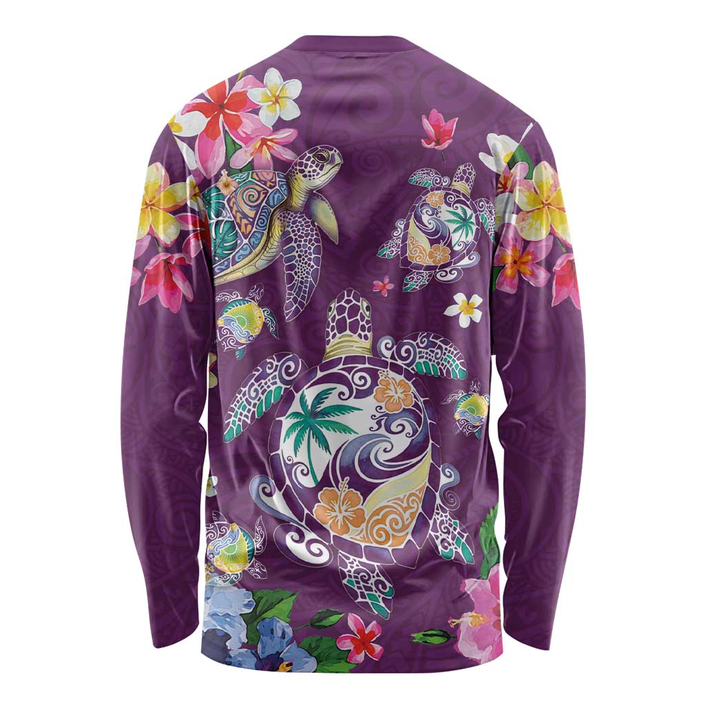 Hawaiian Turtles and Tropical Plants Long Sleeve Shirt Purple Watercolor