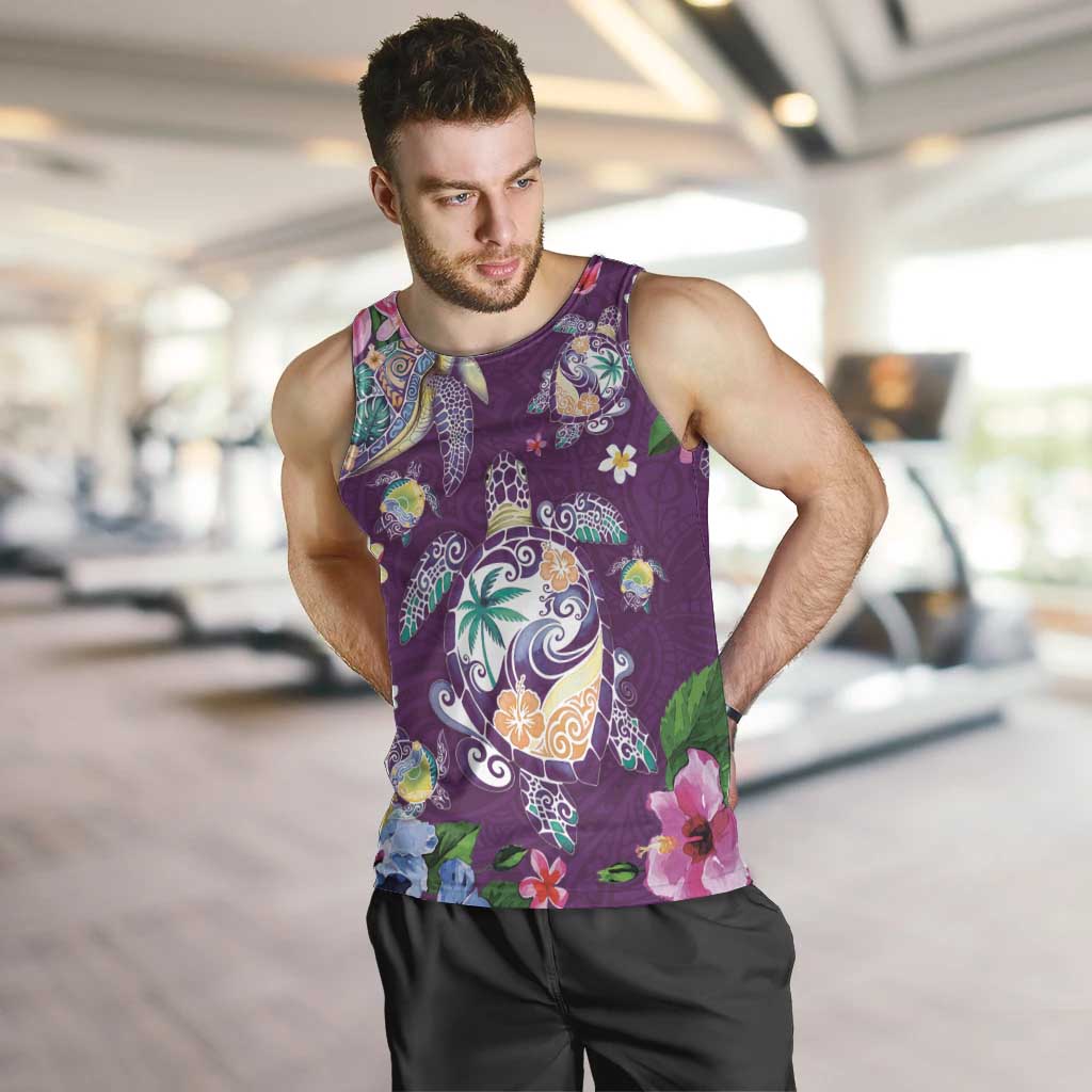 Hawaiian Turtles and Tropical Plants Men Tank Top Purple Watercolor LT03 Purple - Polynesian Pride