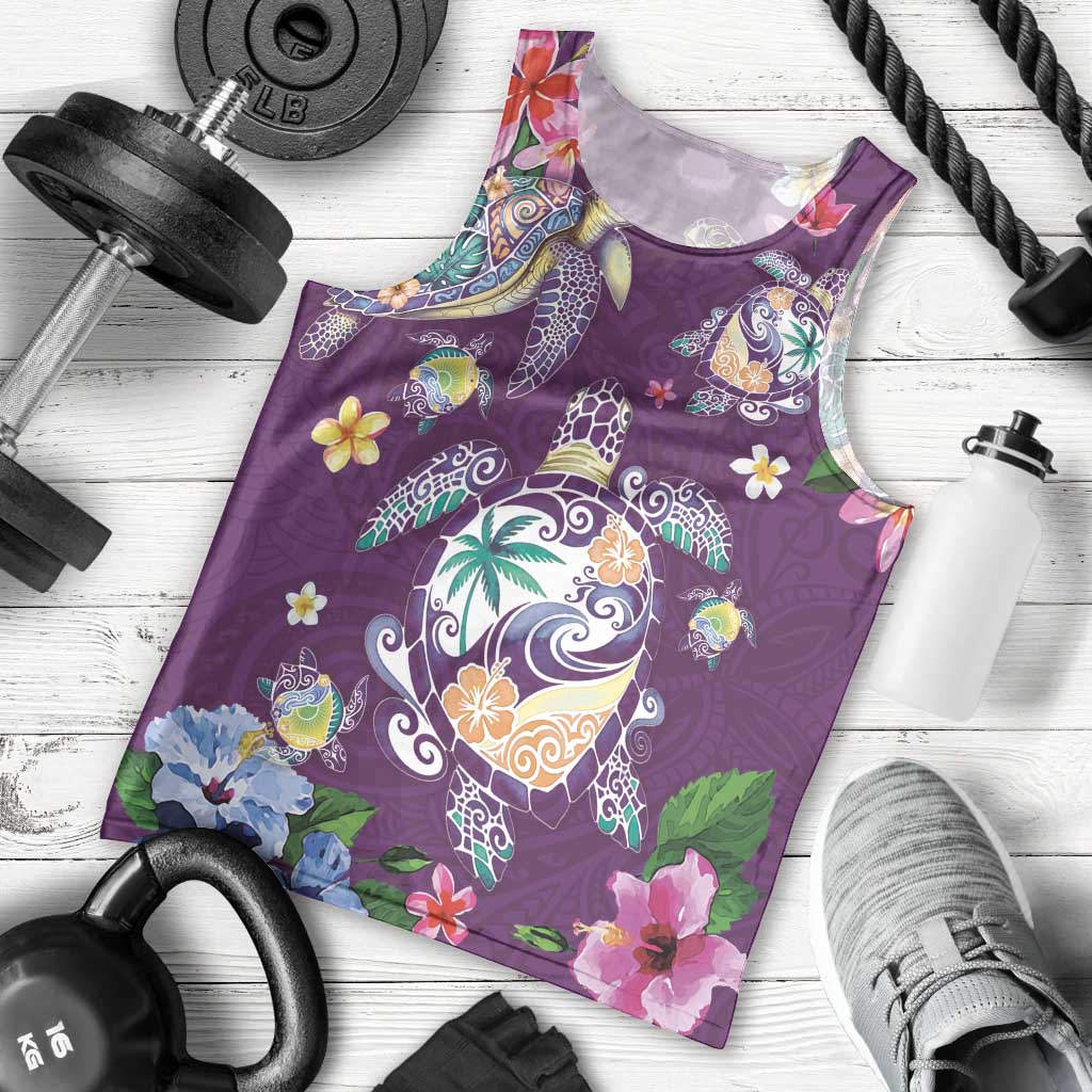 Hawaiian Turtles and Tropical Plants Men Tank Top Purple Watercolor LT03 - Polynesian Pride