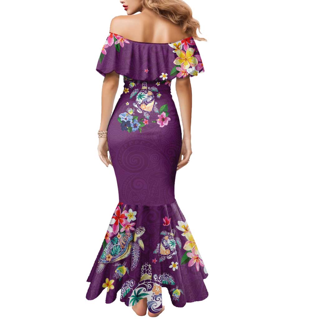 Hawaiian Turtles and Tropical Plants Mermaid Dress Purple Watercolor