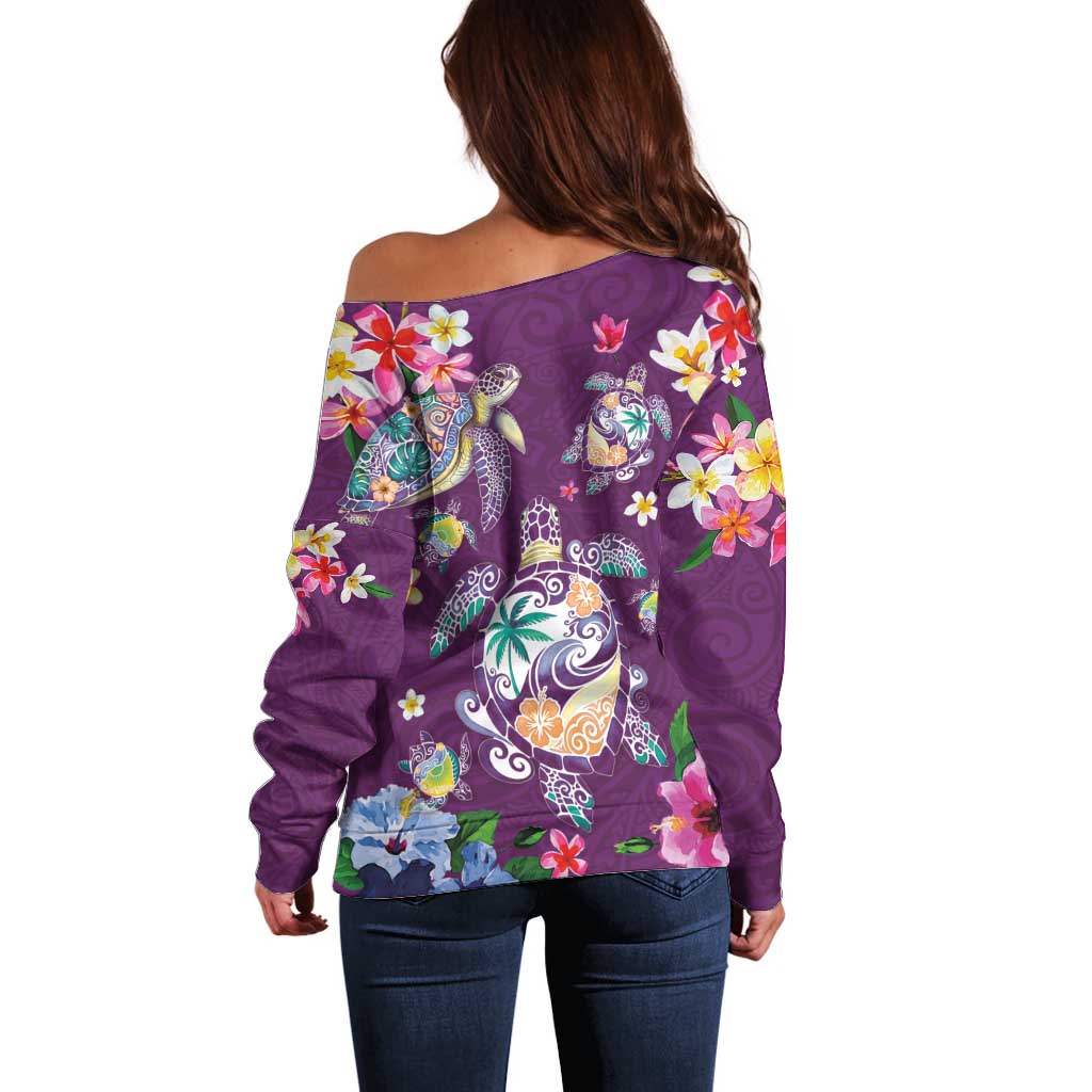 Hawaiian Turtles and Tropical Plants Off Shoulder Sweater Purple Watercolor