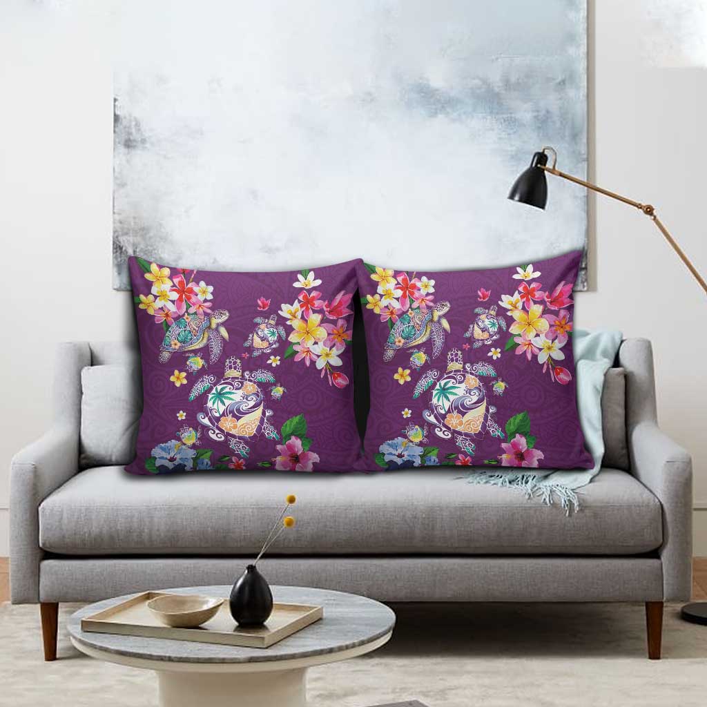 Hawaiian Turtles and Tropical Plants Pillow Cover Purple Watercolor