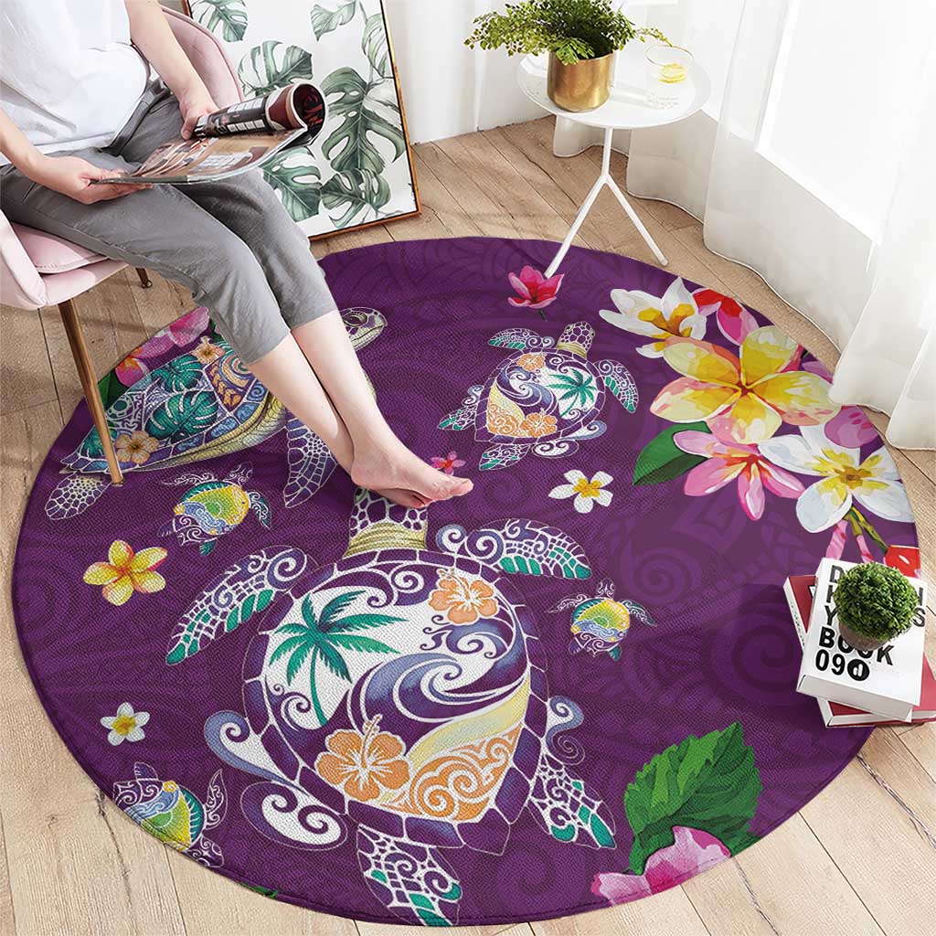 Hawaiian Turtles and Tropical Plants Round Carpet Purple Watercolor LT03 - Polynesian Pride