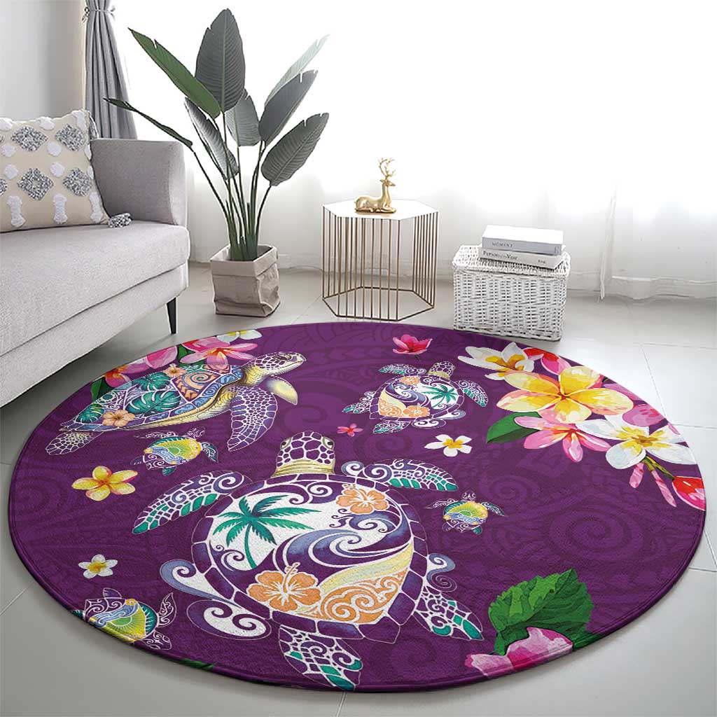 Hawaiian Turtles and Tropical Plants Round Carpet Purple Watercolor LT03 - Polynesian Pride