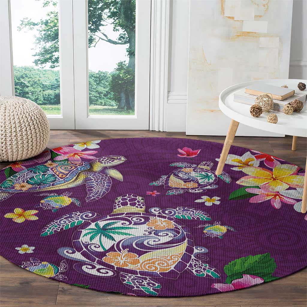 Hawaiian Turtles and Tropical Plants Round Carpet Purple Watercolor LT03 - Polynesian Pride