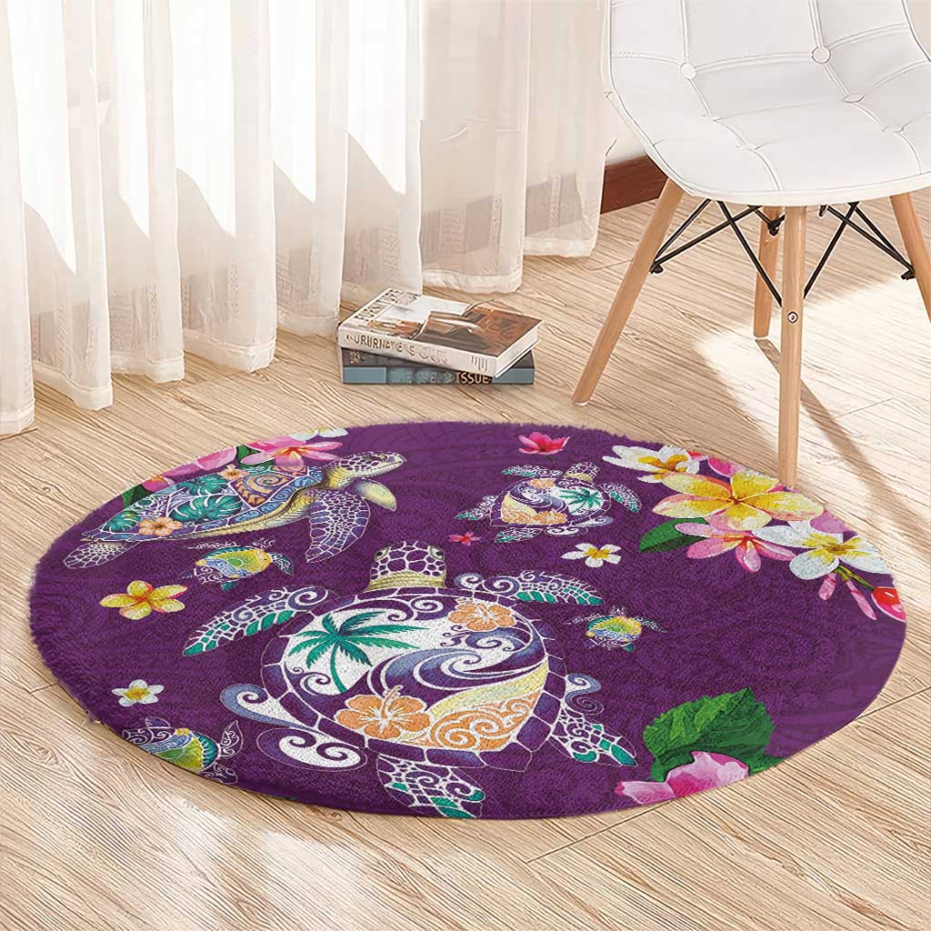 Hawaiian Turtles and Tropical Plants Round Carpet Purple Watercolor LT03 - Polynesian Pride
