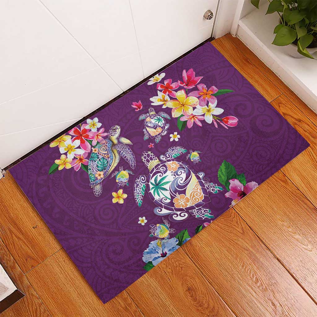 Hawaiian Turtles and Tropical Plants Rubber Doormat Purple Watercolor