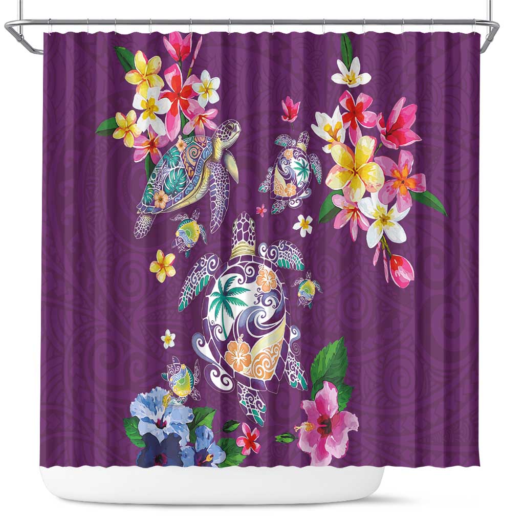 Hawaiian Turtles and Tropical Plants Shower Curtain Purple Watercolor