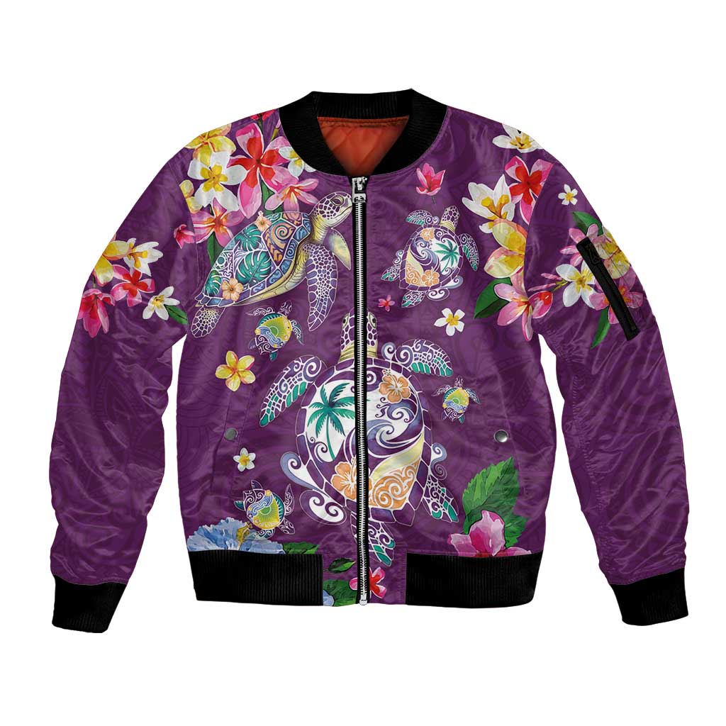 Hawaiian Turtles and Tropical Plants Sleeve Zip Bomber Jacket Purple Watercolor