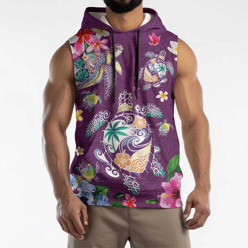 Hawaiian Turtles and Tropical Plants Sleeveless Hoodie Purple Watercolor