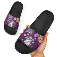 Hawaiian Turtles and Tropical Plants Slide Sandals Purple Watercolor