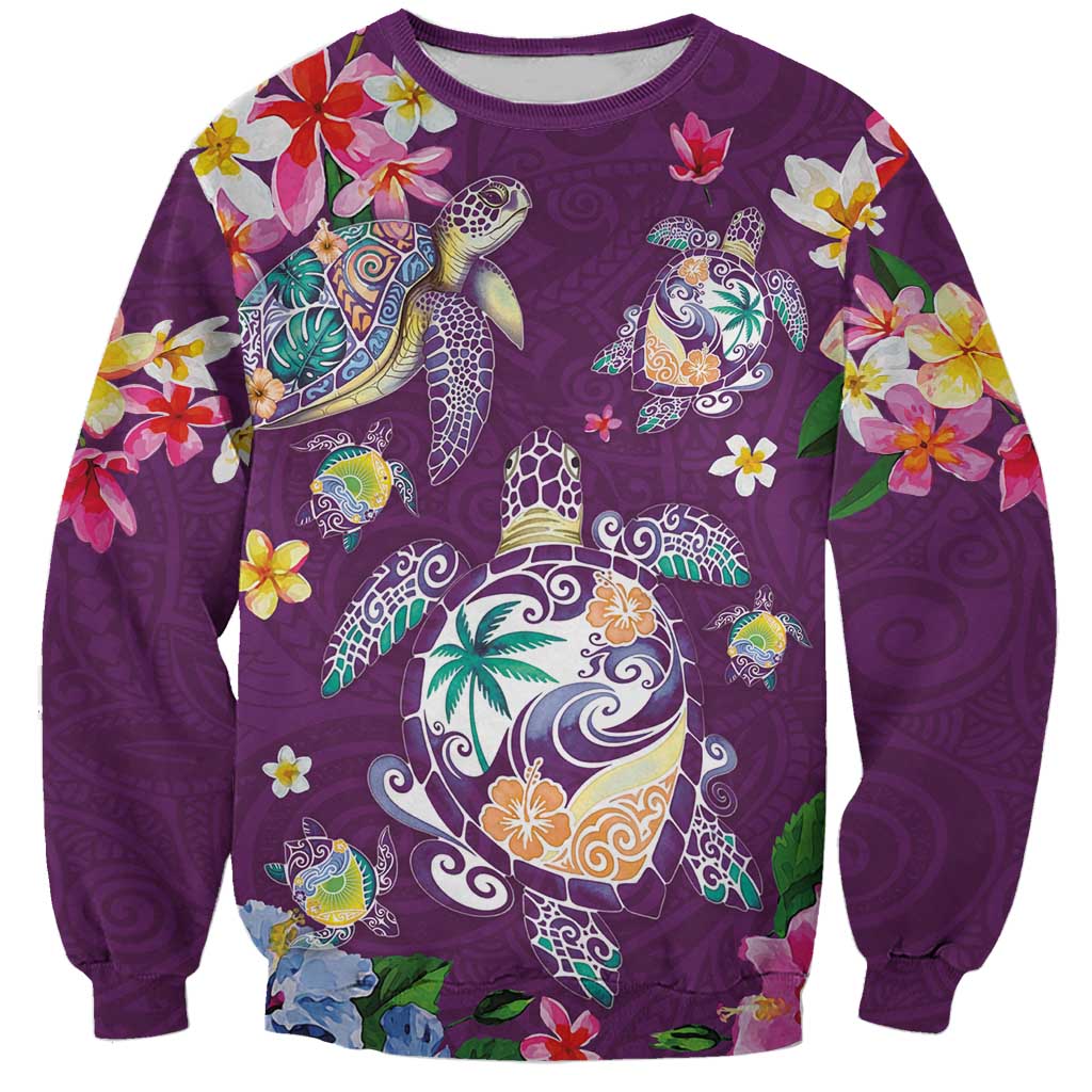 Hawaiian Turtles and Tropical Plants Sweatshirt Purple Watercolor