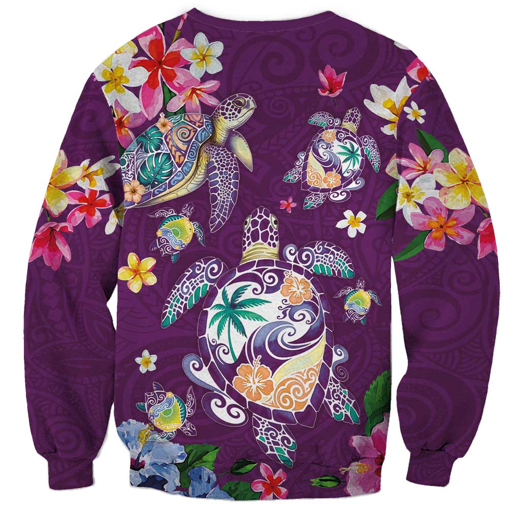 Hawaiian Turtles and Tropical Plants Sweatshirt Purple Watercolor