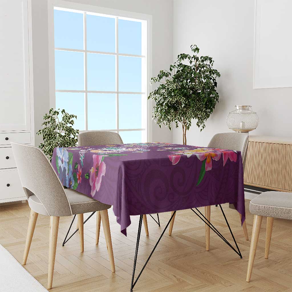 Hawaiian Turtles and Tropical Plants Tablecloth Purple Watercolor