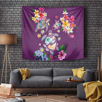Hawaiian Turtles and Tropical Plants Tapestry Purple Watercolor