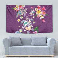 Hawaiian Turtles and Tropical Plants Tapestry Purple Watercolor